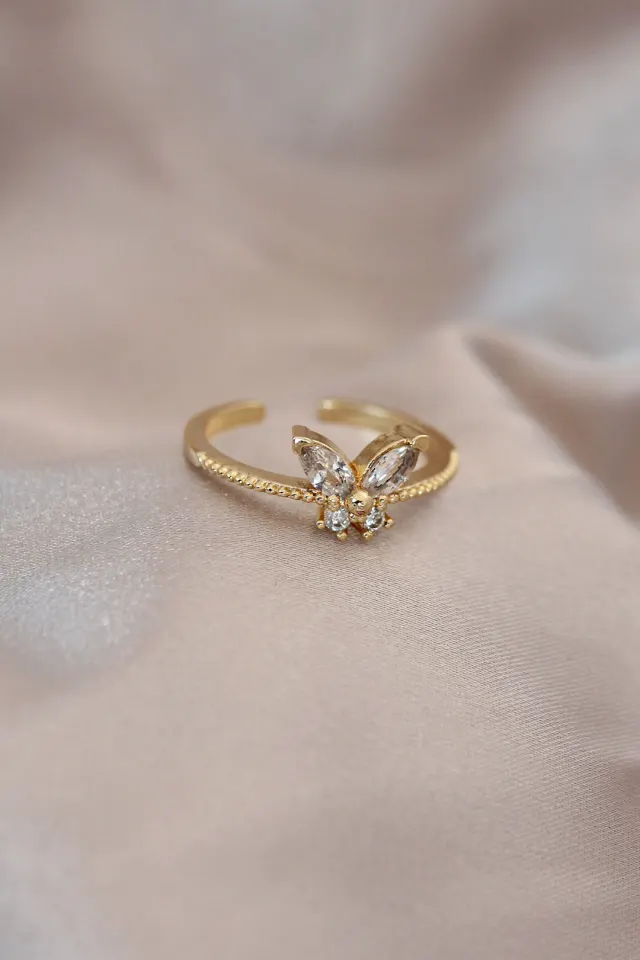 Ayarlamalı Gold Renk Metal Zirkon Taş ve Kristal Taşlı Kelebek Model Yüzük