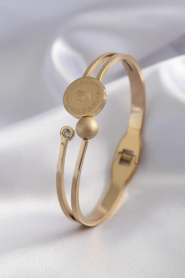 316L Çelik Gold Renk Çeyrek Model Zirkon Taş Detay Kadın Kelepçe