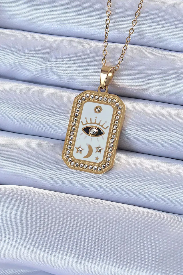 316L Çelik Zincir Gold Renk Mineli Zirkon Taşlı Göz Figür Tarot Kolye