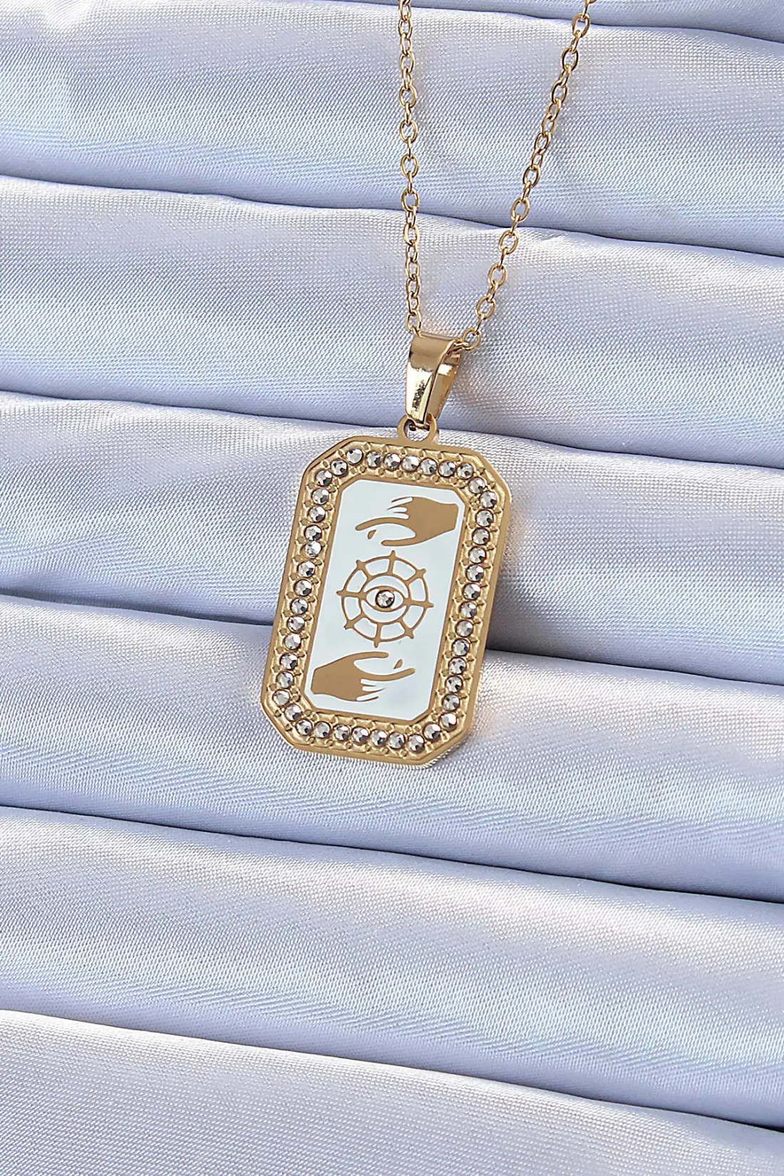 316L Çelik Zincir Gold Renk Mineli Zirkon Taşlı Göz Figür Tarot Kolye