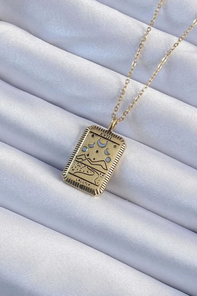 316L Çelik Zincir Eskitme Gold Renk Ay Figürlü Tarot Kolye