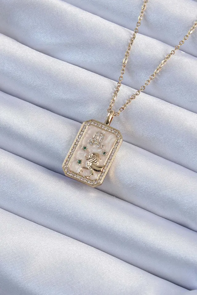 316L Çelik Zincir Gold Renk Zirkon Taşlı Aslan Figürlü Tarot Kolye