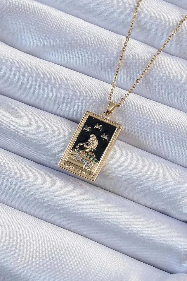 316L Çelik Zincir Gold Renk Zirkon Taşlı Siyah Mineli Kız Figürlü Tarot Kolye