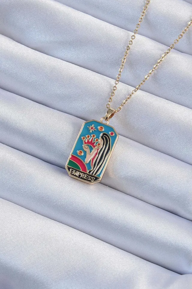 316L Çelik Zincir Gold Renk Taç ve Kız Figürlü Renkli Mineli Tarot Kolye