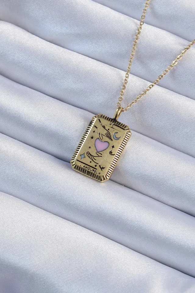 316L Çelik Zincir Eskitme Gold Renk Pembe Mineli Kalp Figürlü Tarot Kolye