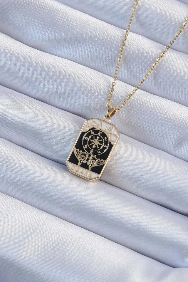 316L Çelik Zincir Gold Renk İşlemeli Siyah Mineli Tarot Kolye