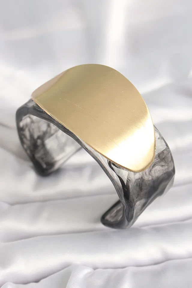 Siyah Mermer Desen Akrilik Plastik Gold Oval Plaka Model Vintage Kadın Bilezik