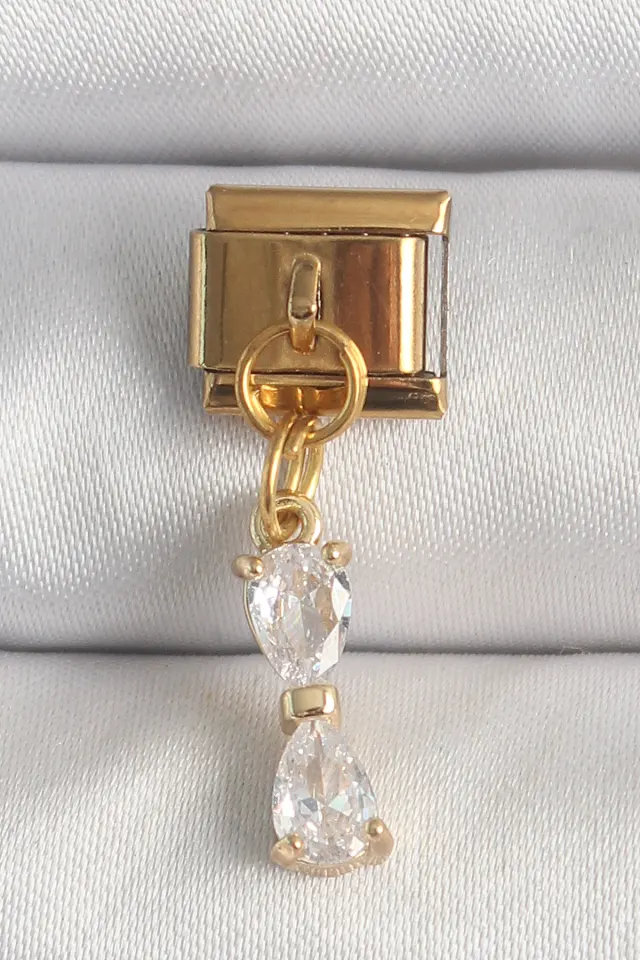 316L Çelik Gold Renk Sallantı Zirkon Taşlı Kurdele Model Nomination Charm