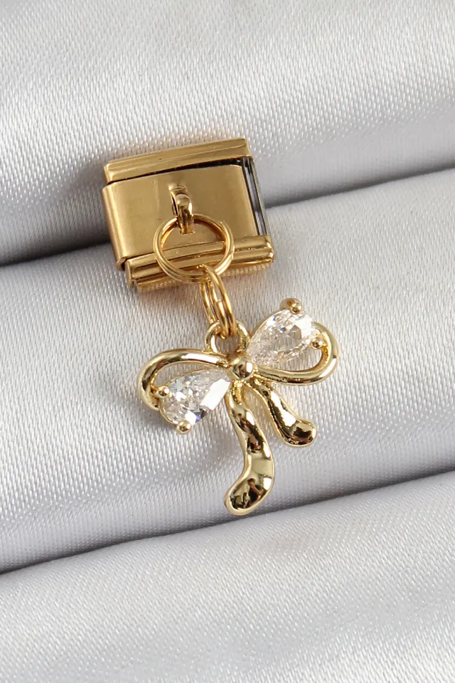 316L Çelik Sallantılı Zirkon Taşlı Fiyonk Model Gold Renk Nomination Charm