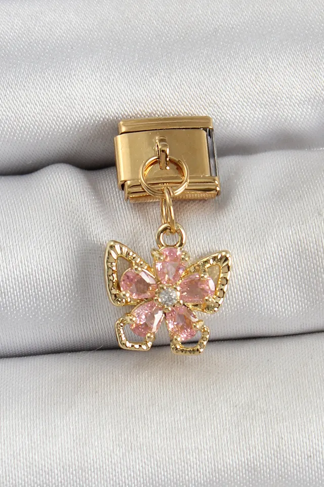 316L Çelik Sallantılı Zirkon Taşlı Çiçek Figürlü Kelebek Model Gold Renk Nomination Charm