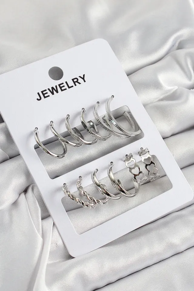 Pirinç Karışık Halka Model Gümüş Renk 6 Çift Kadın Küpe Set