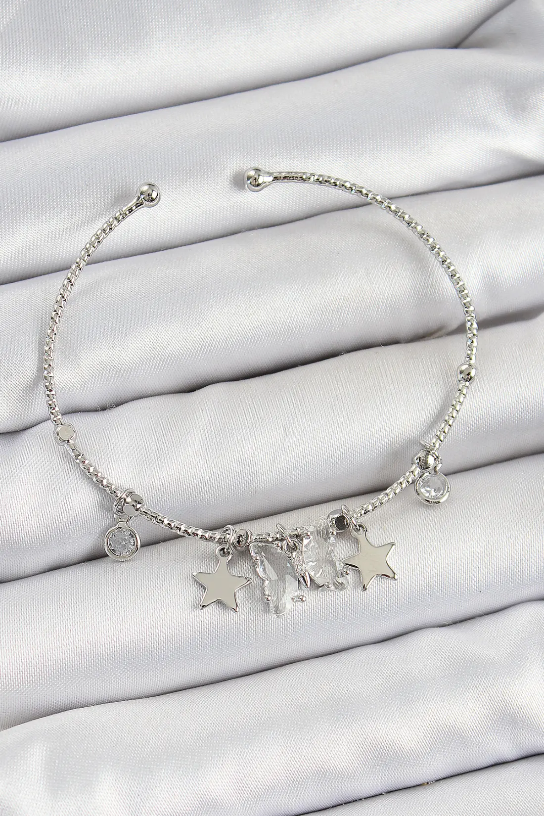 Pirinç Zirkon Taşlı Kelebek Ve Yıldız Model Gümüş Renk Charm Bileklik