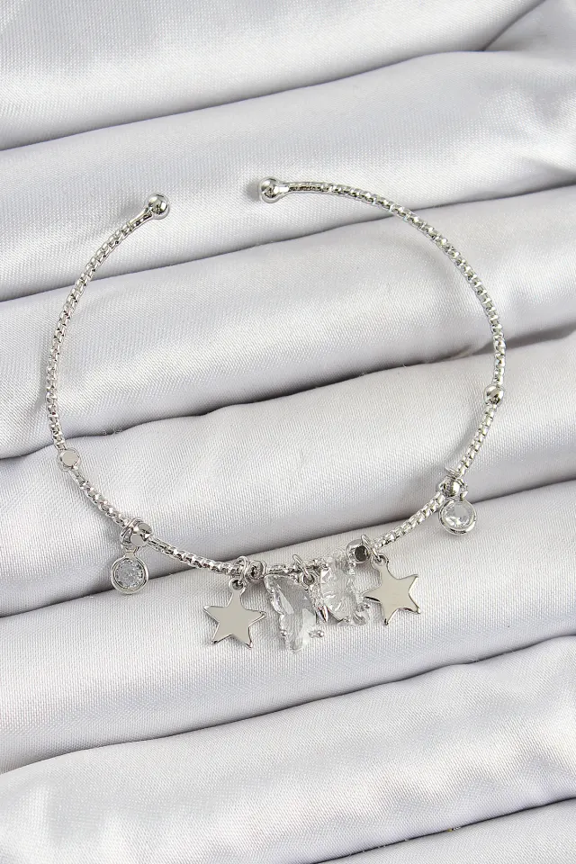 Pirinç Zirkon Taşlı Kelebek Ve Yıldız Model Gümüş Renk Charm Bileklik