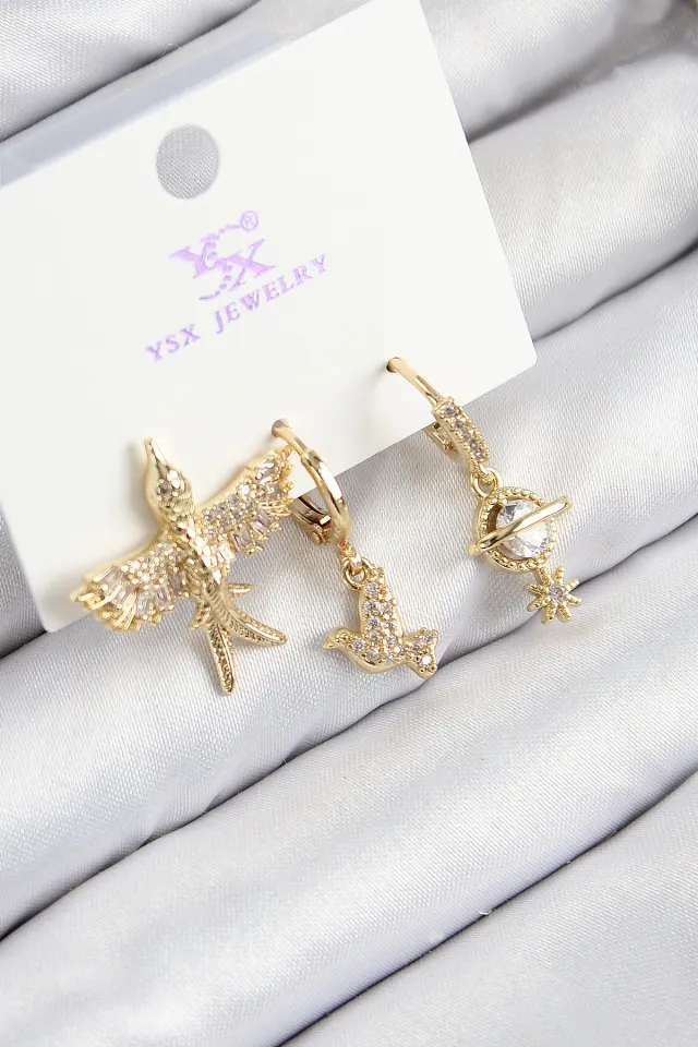 Pirinç Zirkon Taşlı 3'lü Kuş Model Gold Renk Kadın Küpe