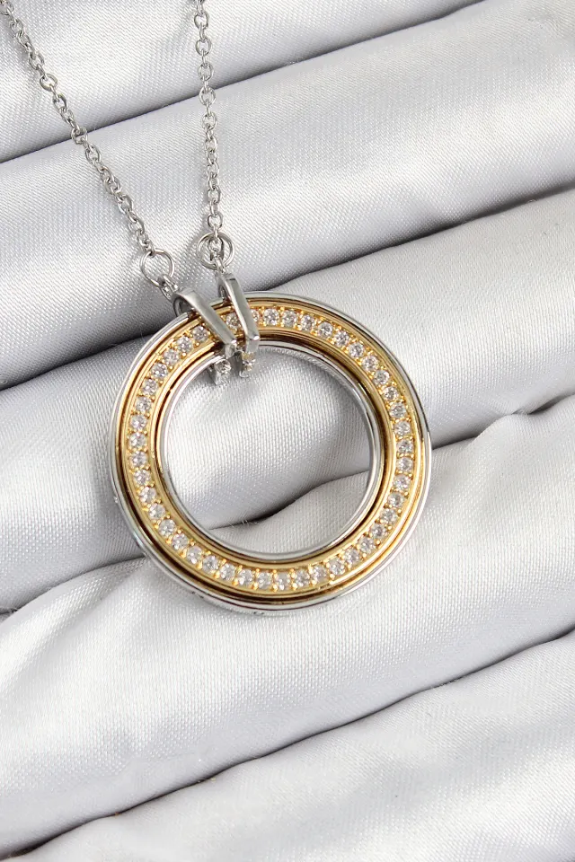 316L Çelik Zirkon Taşlı Dönen Daire Model Gold Ve Gümüş Renk Kadın Kolye