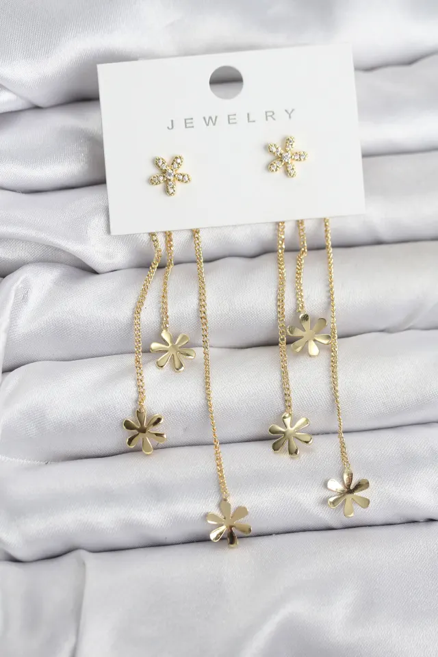 Papatya Model Gold Renk Pirinç Sallantılı Kadın Küpe