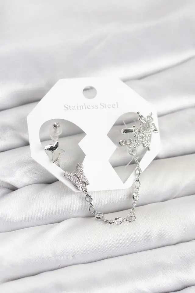 Pirinç Gümüş Renk Kelebek Model Zincir Bağlantılı Ear Cuff Küpe Seti
