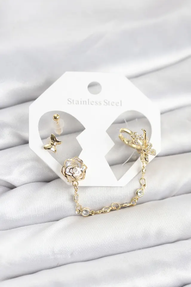 Pirinç Gold Renk Kelebekli Model Zincir Bağlantılı Ear Cuff Küpe Seti