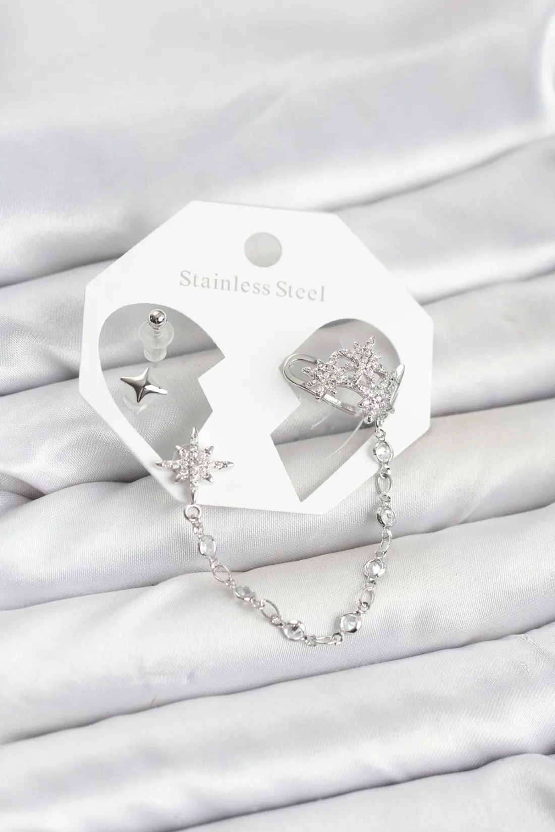 Kutup Yıldızı Model Pirinç Gümüş Renk Zincir Bağlantılı Ear Cuff Küpe Seti
