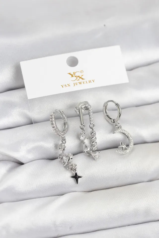 Pirinç Gümüş Renk Zirkon Taşlı Uzay Model YSX Trio Küpe Seti