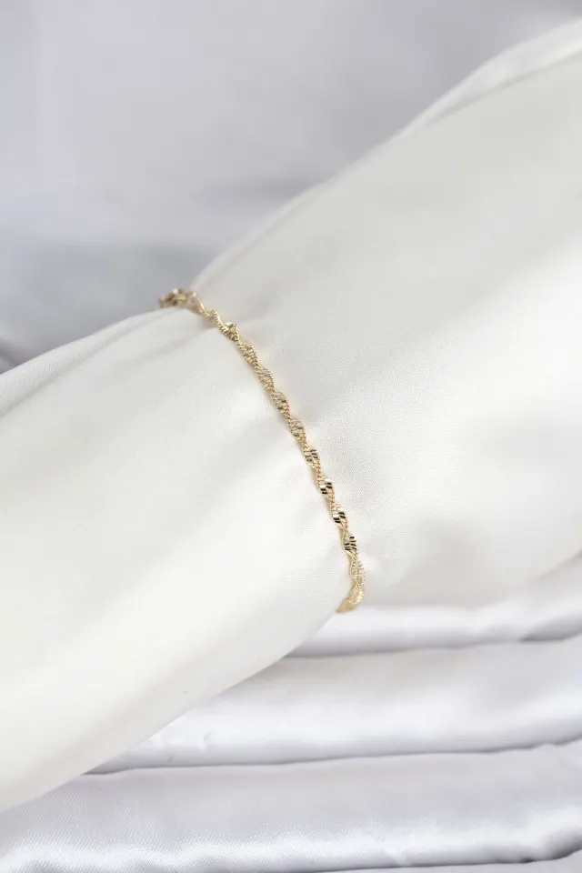 CM 14K Gold Renk Yassı Ezme Burgu Model Kadın Bileklik