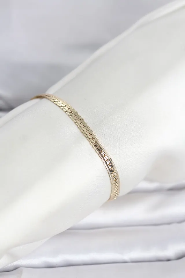 CM 14K Gold Renk Lazerli Yassı Zincir Model Kadın Bileklik