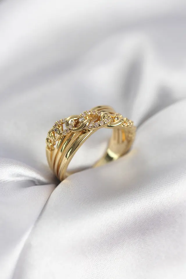 Gold Renk Zirkon Taşlı Zincir Model Kadın Yüzük