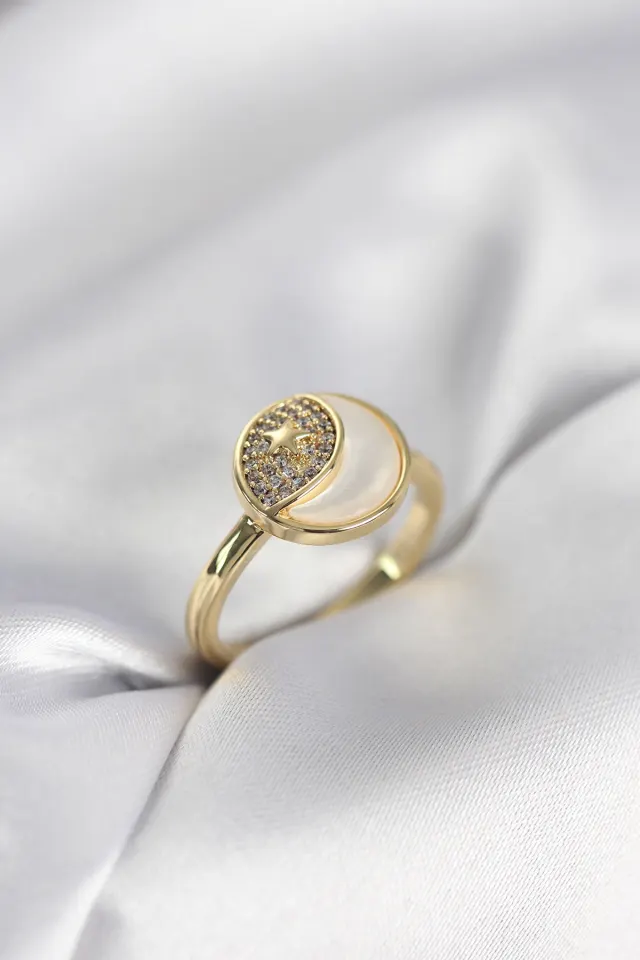 Ay Yıldız Model Gold Renk Zirkon Taşlı Kadın Yüzük