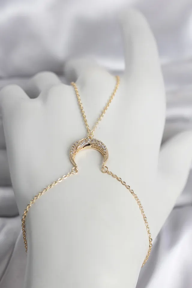 Pirinç Gold Renk Hilal Model Zirkon Taşlı Kadın Şahmeran