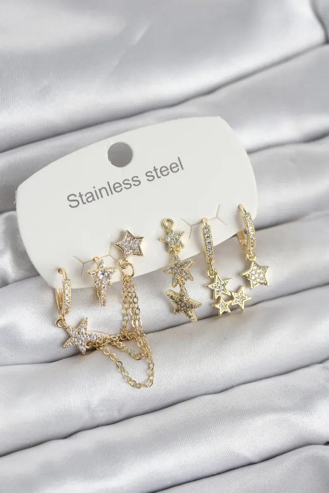 316L Çelik Gold Renk 6'lı Set Zincirli Yıldız Modelli Kadın Küpe