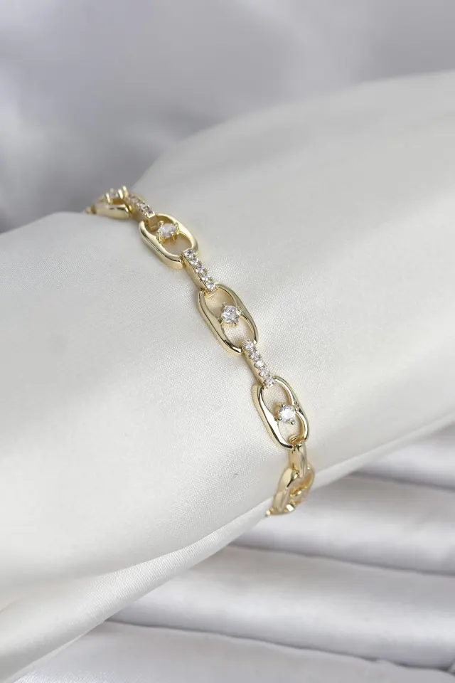 Pirinç Gold Renk Zirkon Taşlı Kadın Bileklik