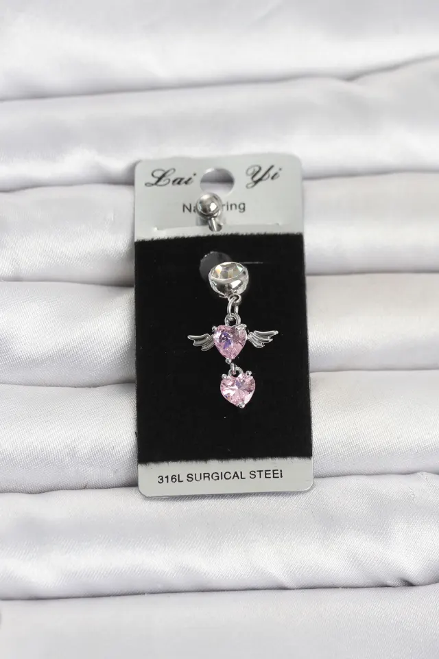 316L Cerrahi Çelik Pembe Zirkon Taşlı Kanat Model Göbek Piercing