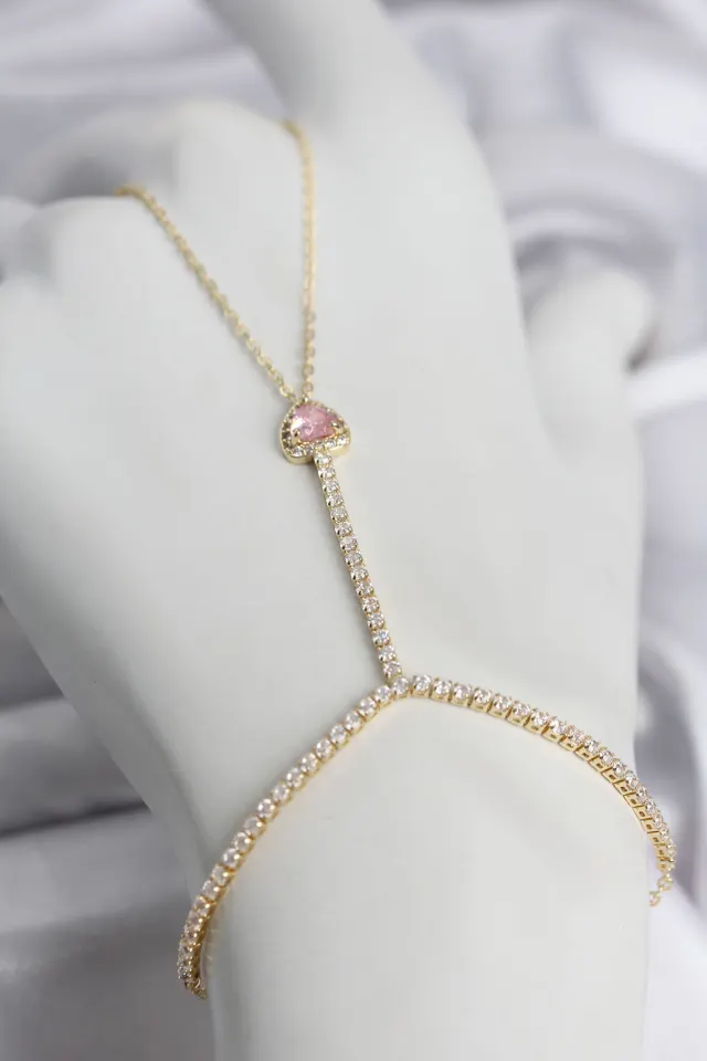 Gold Renk Pirinç Zirkon Taşlı Pembe Kalp Model Şahmeran