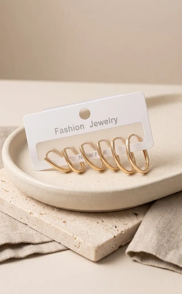 Pirinç Gold Renk İnce Oval Küpe Seti