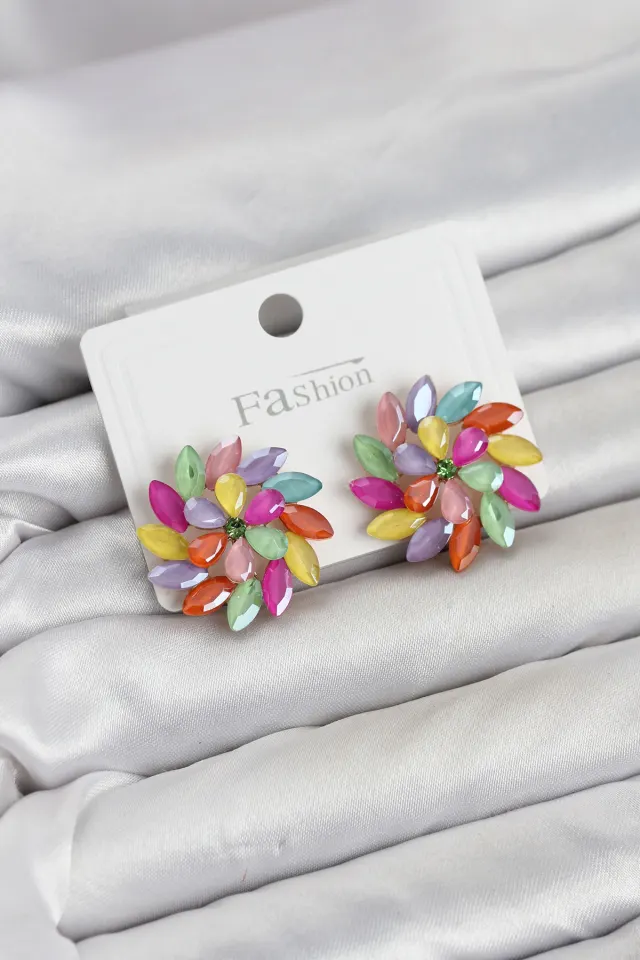 Karışık Renk Kristal Taşlı Çiçek Model Kadın Küpe