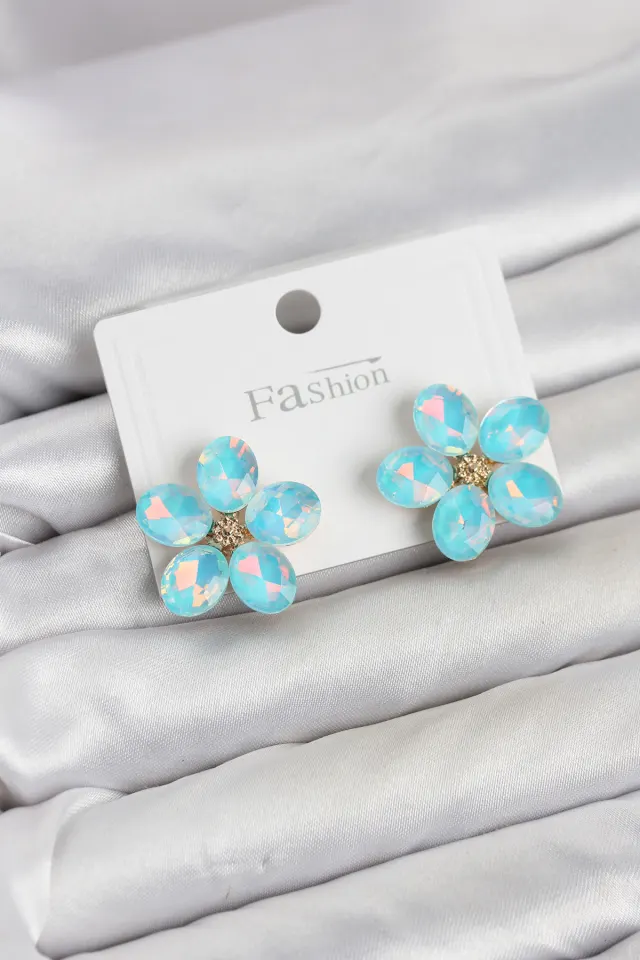 Buz Mavisi Renk Kristal Taşlı Çiçek Model Kadın Küpe