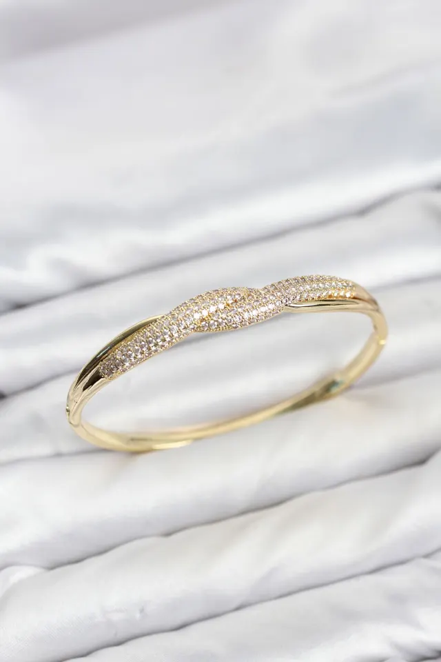 Gold Renk Zirkon Taşlı Sarmal Model Kadın Kelepçe Bileklik