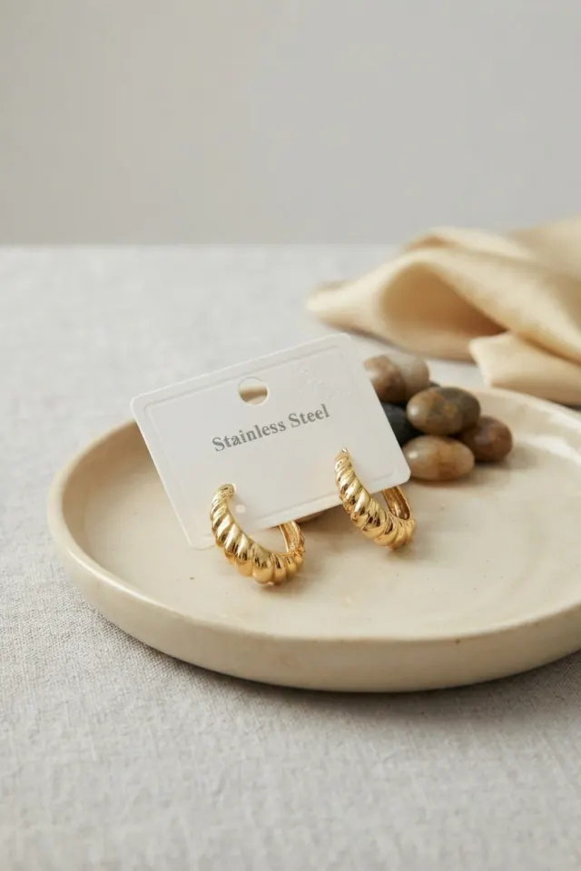316L Çelik Gold Renk Kıvrımlı Halka Model Küpe