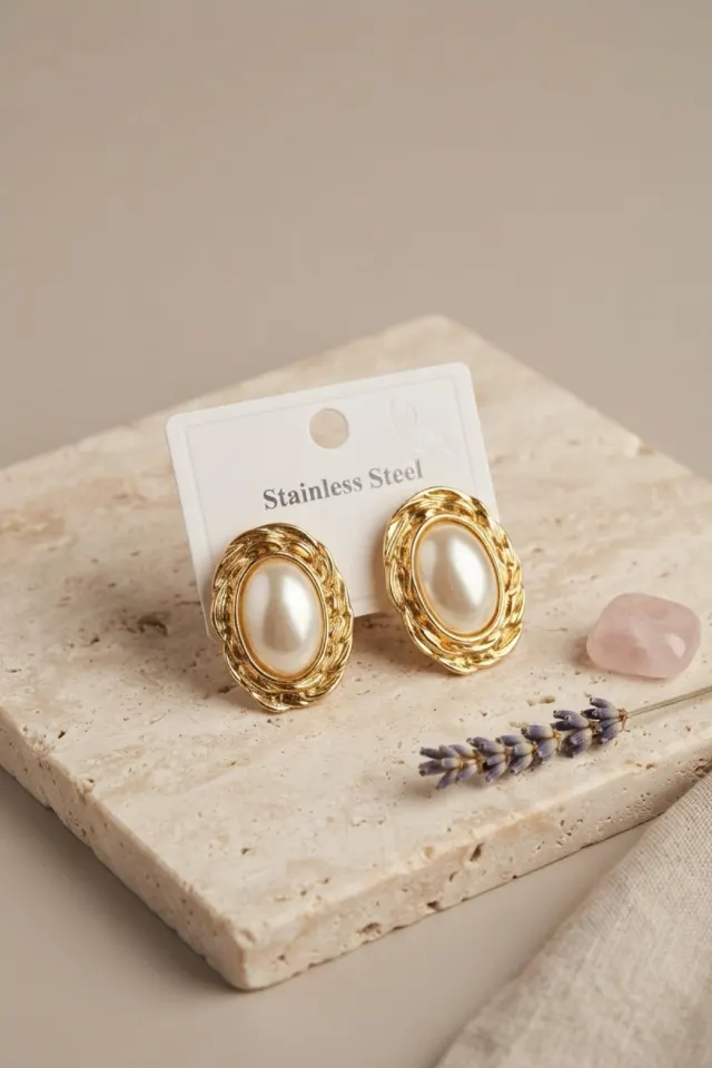 316L Gold Renk Gold Renk Vintage Beyaz İncili Model Küpe