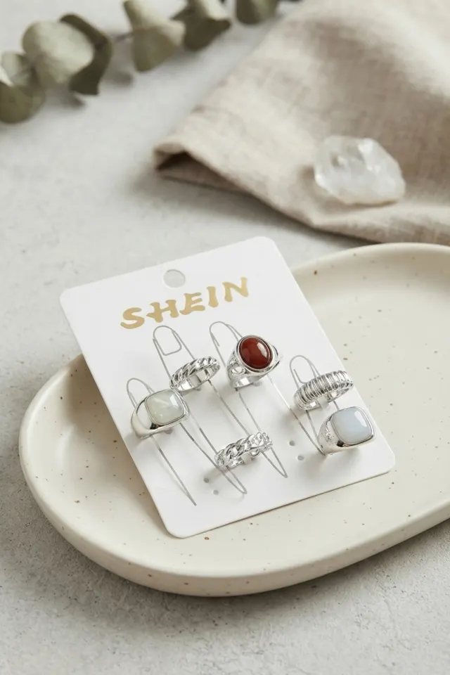Gümüş Renk Pirinç Taş Detaylı Bohem Yüzük Kombini BYK4279